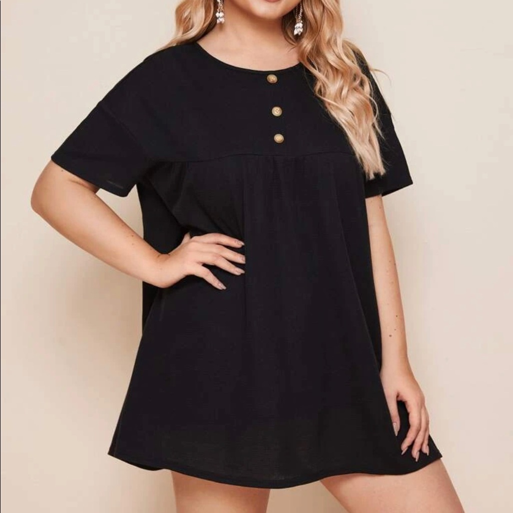 Plus Button Front Solid Smock Dress